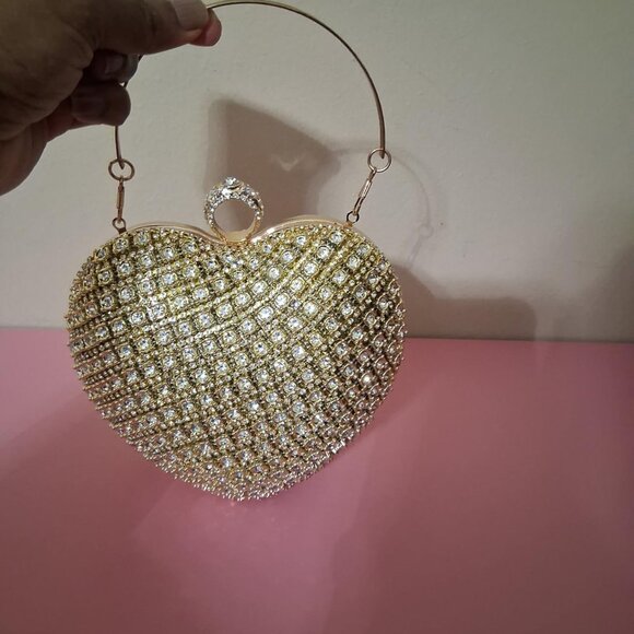 Neman Marcus Gold Rhinestone Heart Shape Clutch Purse - Picture 2 of 6